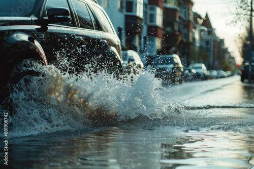 After the flood, an SUV drives through a flooded street, splashing water.   © kalafoto