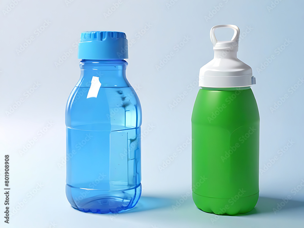 Different plastic bottles and cups isolated on white, set Different plastic bottles and cups isolated on white, set