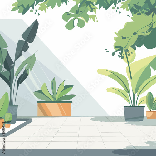 A drawing of a garden with a white background and a variety of potted plants