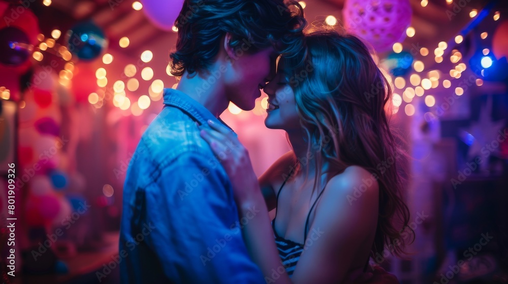 Two teenagers sharing a first kiss at a school dance, disco lights and joyful ambiance, suitable for teen fashion promotions