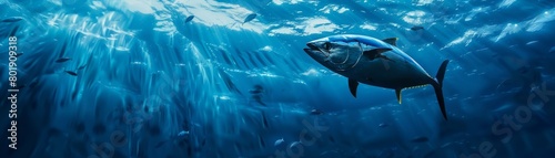 Underwater scene with tuna swimming, emphasizing natural habitat, perfect for environmental or marine conservation campaigns