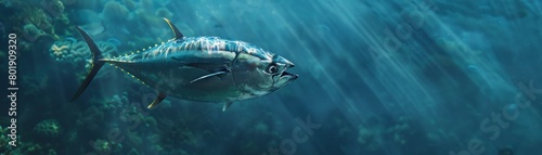 Underwater scene with tuna swimming, emphasizing natural habitat, perfect for environmental or marine conservation campaigns photo