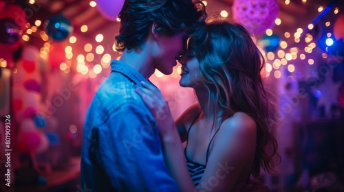 Two teenagers sharing a first kiss at a school dance, disco lights and joyful ambiance, suitable for teen fashion promotions