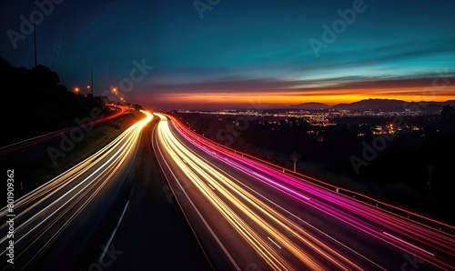 Dynamic Time-Lapse Photo of the Freeway. High Speed Concept Image at Dusk. photo