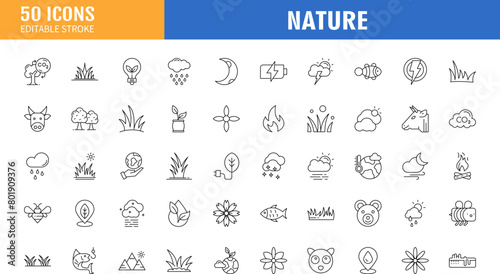 Nature line icon set. Editable stroke. Containing as plant, forest, water, flower, animal and more. Vector illustration