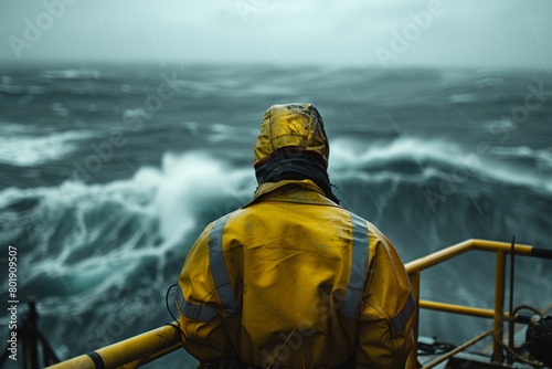 Oil rig worker in yellow gear gazing at stormy sea, a display of human resilience and nature's fury