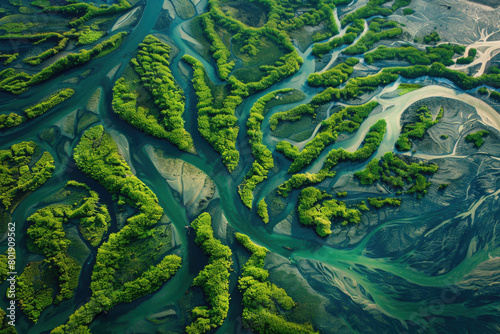 An aerial view of the terrain features created by river erosion, surrounded by lush green vegetation.

