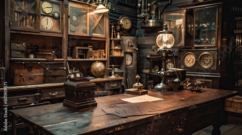 Victorian steampunk-inspired escape room with vintage props  hidden compartments  and puzzle-solving challenges.
