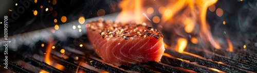 Tuna steak grilling on an open flame, closeup with sparks, ideal for BBQ restaurants or outdoor cooking equipment ads photo