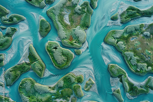 An aerial view of the terrain features created by river erosion, surrounded by lush green vegetation.