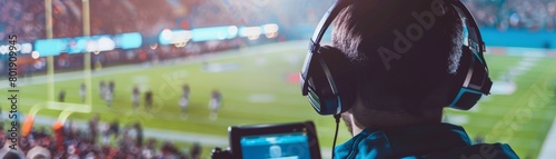 Sports commentator reporting live at a football game, radio in foreground, perfect for sports broadcasting or commentator career ads photo