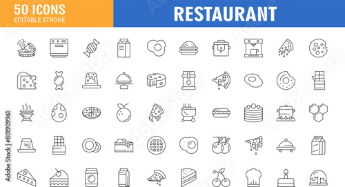 Restaurant icon set. Restaurant business and food delivery icon concept, containing server, meal, cooking, menu, restaurant, food delivery, fast food and dinner icons.
