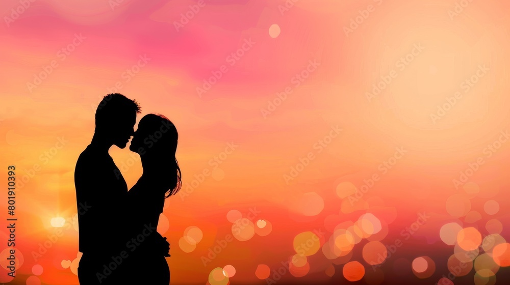 Romantic silhouette of a couple kissing at sunset, soft orange and pink hues in the background, perfect for a lovethemed advertisement