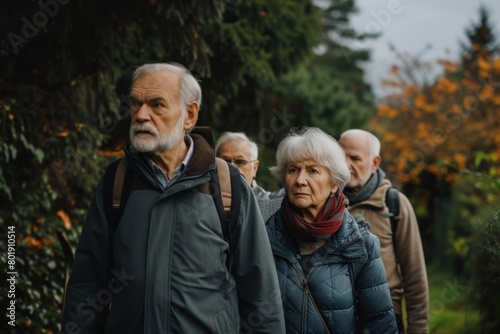 Group of senior people walking in autumn park. Elderly people outdoors.