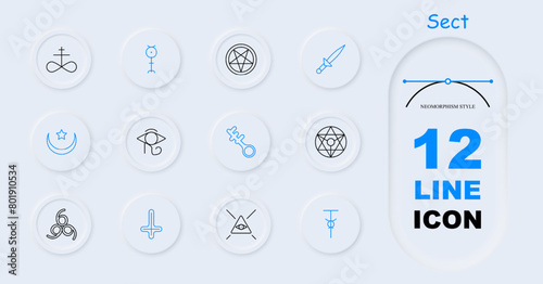 Sect set icon. Pentagram, Sigil of Baphomet, ritual dagger, sacrifices, inverted cross, Satan, 666, eye, key, crescent with star, infinity sign, worship, persuasion, neomorphism. Cult concept.