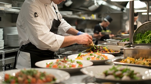 Culinary Mastery Chef Plating Gourmet Dishes in Bustling Commercial Kitchen
