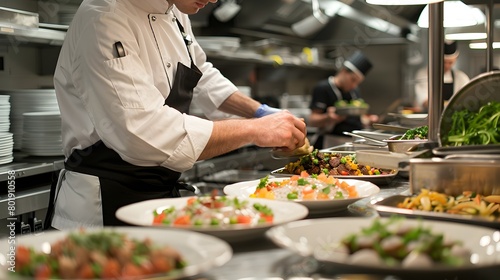 Culinary Mastery:Chef Plating Gourmet Dishes in Bustling Commercial Kitchen