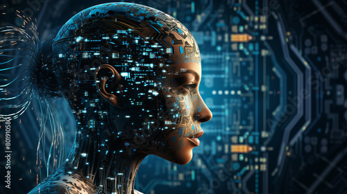3D rendering of a female cyborg in front of a circuit board