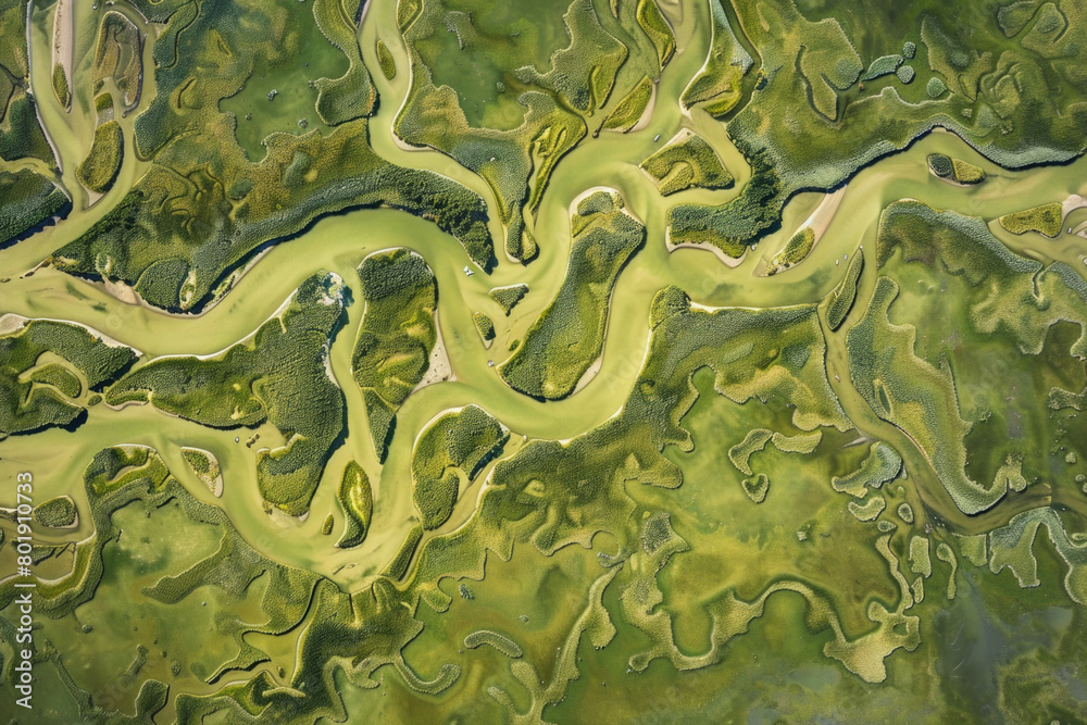 Fototapeta premium An aerial view of the terrain features created by river erosion, surrounded by lush green vegetation.