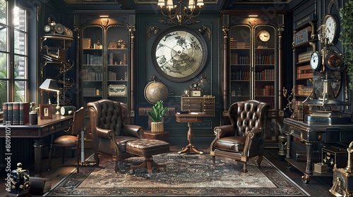 Victorian steampunk-inspired study with leather armchairs, brass accents, and vintage scientific instruments.