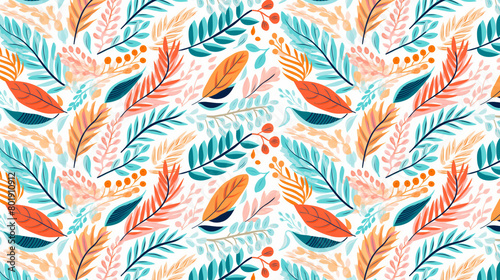 A seamless pattern with colorful tropical leaves and flowers.