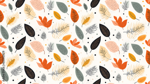 A seamless pattern with hand-drawn leaves and dots in a fall color palette.
