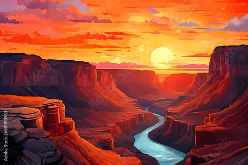 Sunset Spectacle, Vibrant Colors Painting Canyon Rim, Dramatic Sky Above Gorge, Realistic Canyon Landscape. Vector Background