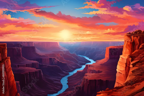 Sunset Spectacle, Vibrant Colors Painting Canyon Rim, Dramatic Sky Above Gorge, Realistic Canyon Landscape. Vector Background © Niko