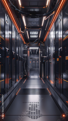 Realistic image of a modern datacenter with raised flooring  featuring suction tools and cables on racks  ideal for tech showcases