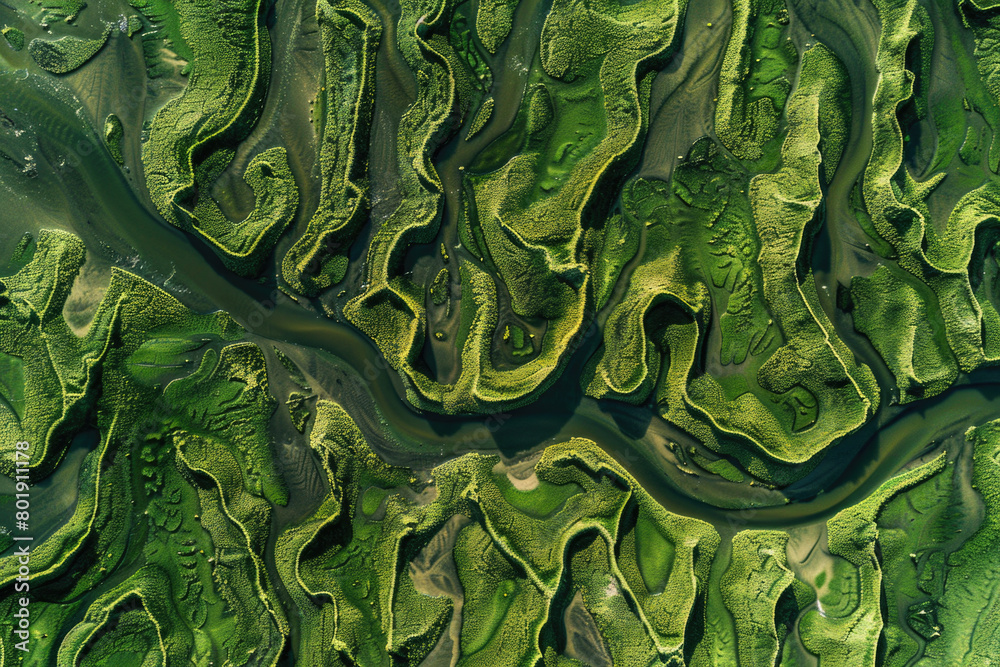 An aerial view of the terrain features created by river erosion, surrounded by lush green vegetation.
An aerial view of the terrain features created by river erosion, surrounded by lush green vegetation.