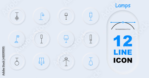 Icon set lamps. Lamps, fixtures, lighting, light, chandelier, lantern, light bulb, illumination, concept, variety, tube, illuminator, glow, luster, neomorphism. Choice concept.