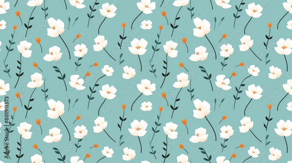 Fototapeta premium A seamless pattern of simple white flowers and yellow buds on a blue background.