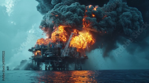 Oil rig explosion in the ocean, highlighting environmental impact and safety, suitable for energy sector or environmental safety ads photo