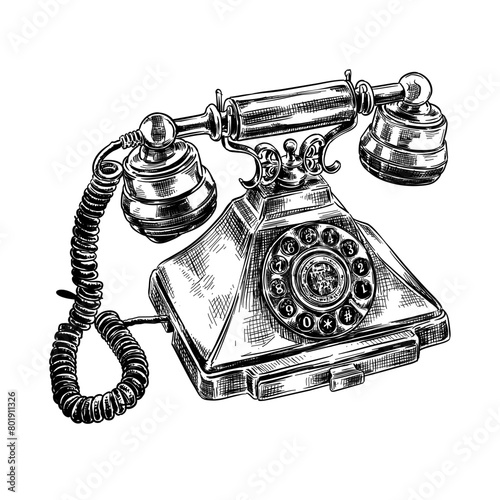 old retro telephone vector line art illustration