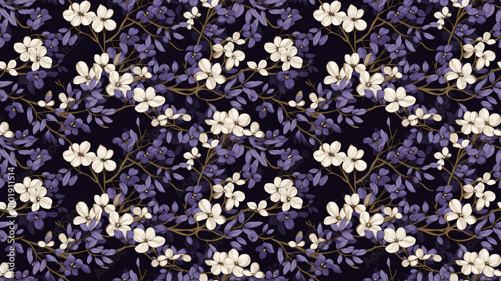 Obraz premium A seamless pattern of white and purple flowers on a dark background.