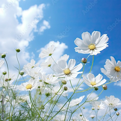  Close-up of daisies in a field, emphasizing their bright white petals against a blue sky. Generative AI