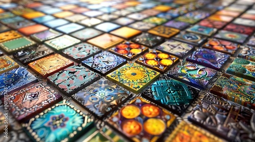 A captivating 3D model of a mosaic made of colorful tiles with different patterns, representing the richness of diversity when individual pieces come together ,3D render