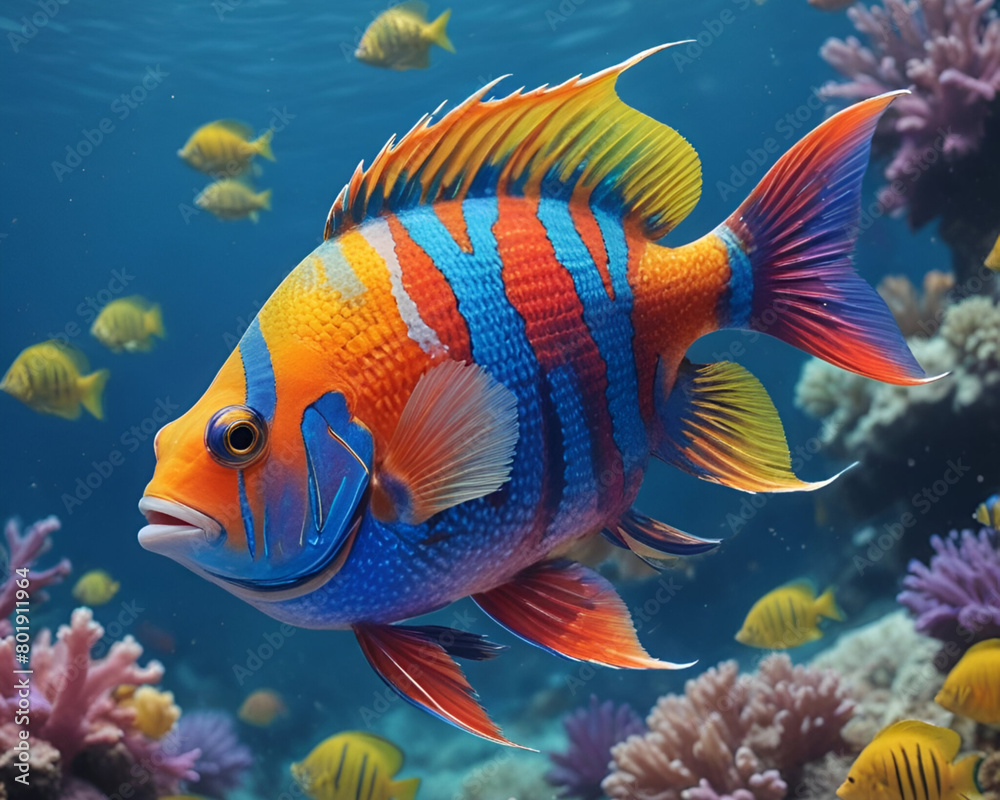 A vibrant mandarin fish swimming in a sea of rainbow hues its scales shimmering in the light. A vibrant mandarin fish swimming in a sea of rainbow hues its scales shimmering in the light.