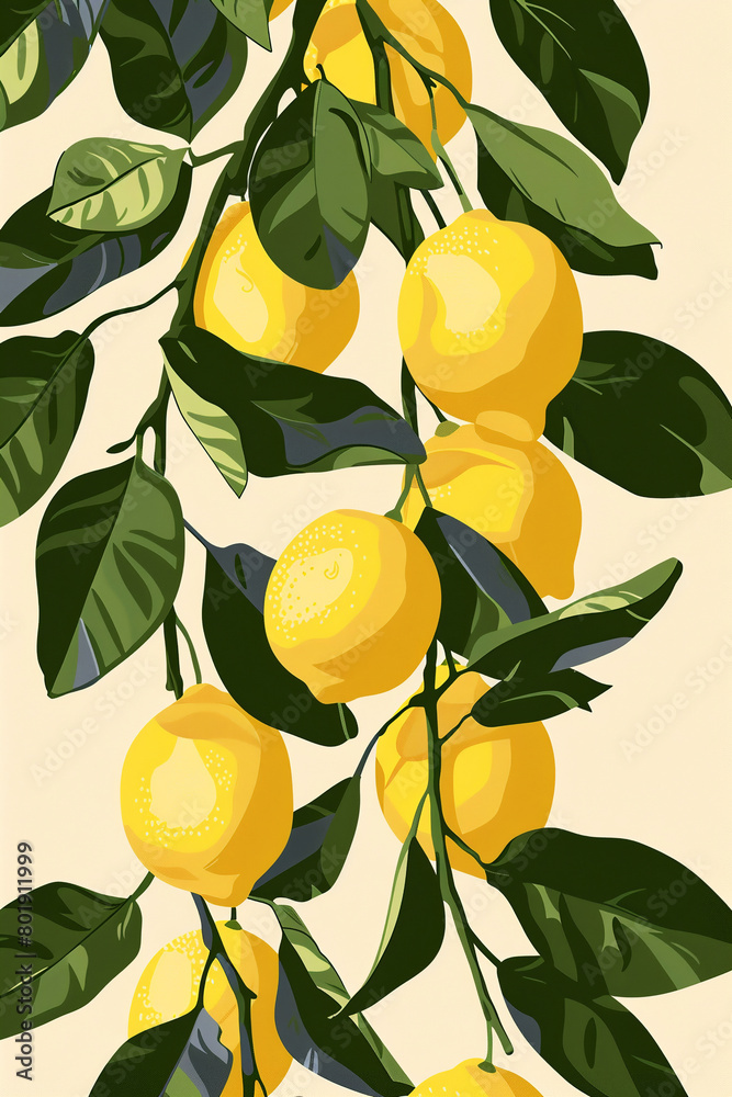 Branches with ripe yellow lemons and green leaves on a white background.