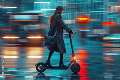 A businesswoman riding an e-scooter in the city. (Shallow depth of field)