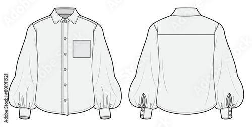 Women’s  Blouse, Body Fit, Front and Back View Vector Fashion Illustration , CAD, Technical Drawing, Flat Drawing, Mockup, Template. Bubble sleeves.