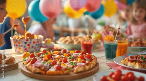 Kids pizza party with mini pizzas and colorful decorations, joyful and fun, suitable for familyfriendly restaurant or event ads photo