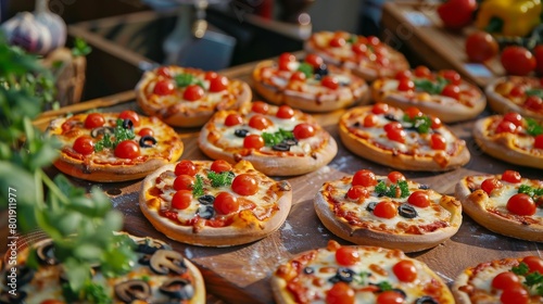 Kids pizza party with mini pizzas and colorful decorations, joyful and fun, suitable for familyfriendly restaurant or event ads © kitidach