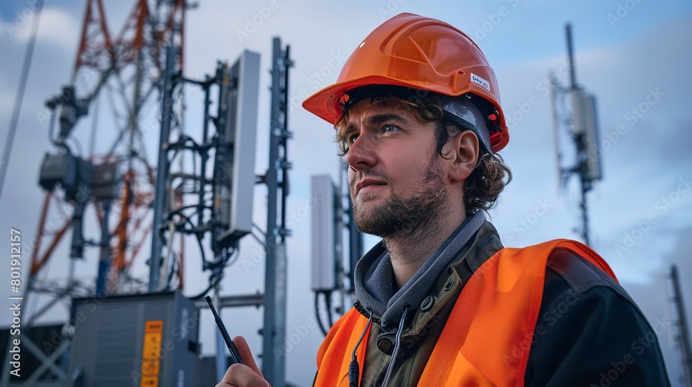 Engineer testing 5G signal on device, bright daylight, close-up, field work Engineer testing 5G signal on device, bright daylight, close-up, field work