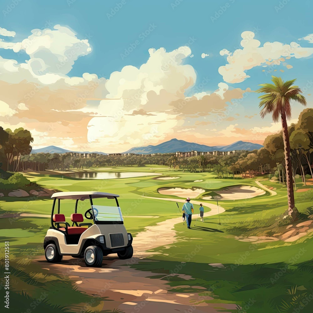 Golf Cart Driving Down Golf Course. AI generated.