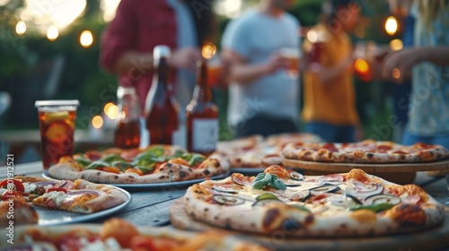 Group of friends sharing different pizzas at an outdoor party, lively and casual, suitable for social gathering and food service ads