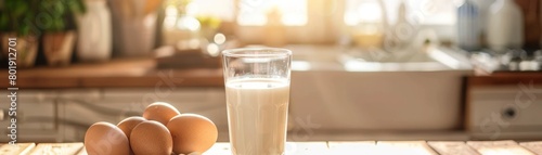Glass of milk on a sunny kitchen counter with healthy breakfast ingredients  perfect for dairy product or healthy lifestyle ads