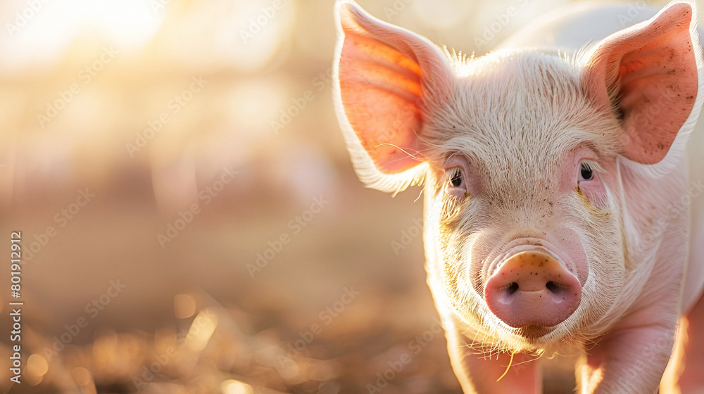 Adorable piglet standing in golden sunlight on a farm Adorable piglet standing in golden sunlight on a farm