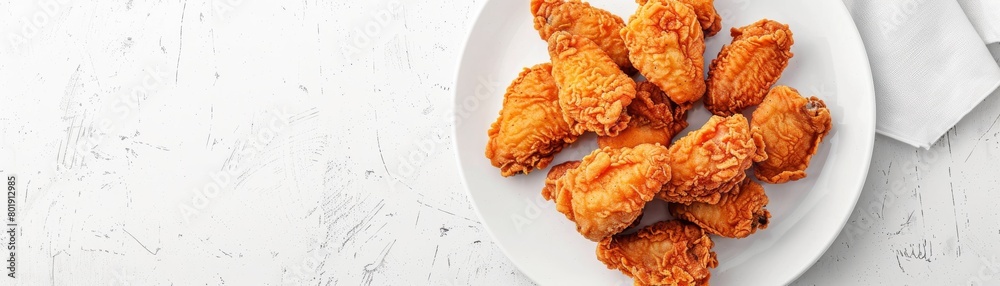 Freshly fried chicken pieces on a white plate, isolated on a white background with copy space for text, great for food packaging Freshly fried chicken pieces on a white plate, isolated on a white background with copy space for text, great for food packaging