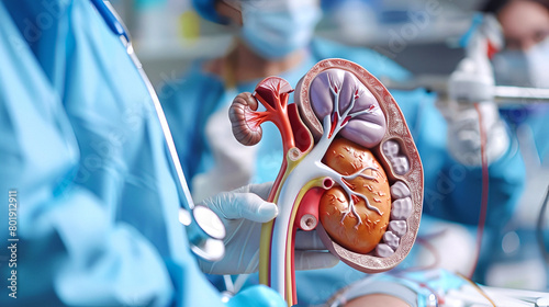 Medical professionals examining 3D kidney model for transplant procedure
